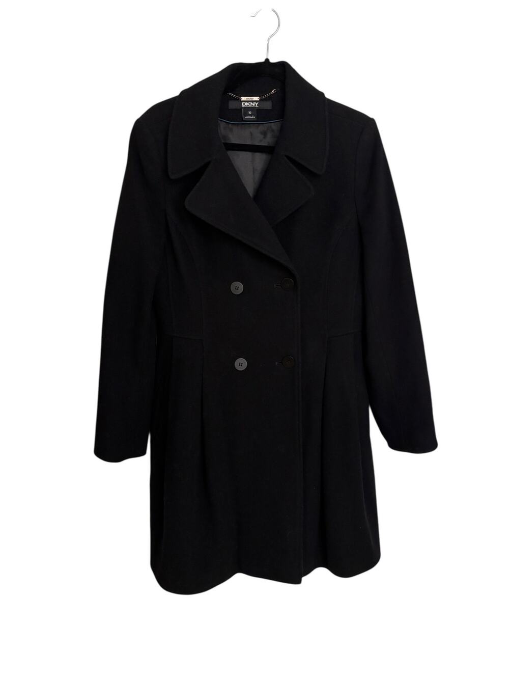 DKNY Coat Womens Size 10 Black Double Breasted Peacoat Mid Length Wool Cashmere